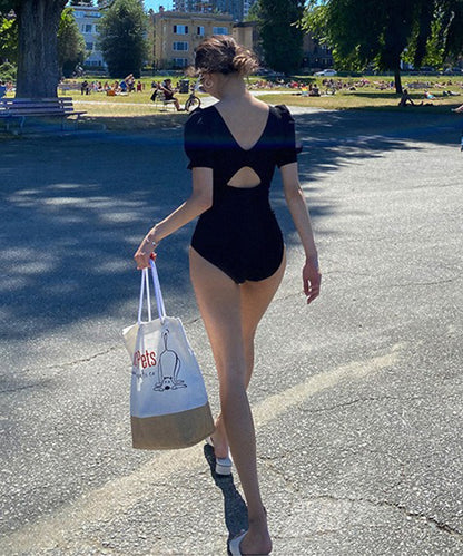 Vネック オープンカット パフスリーブ ワンピース 水着