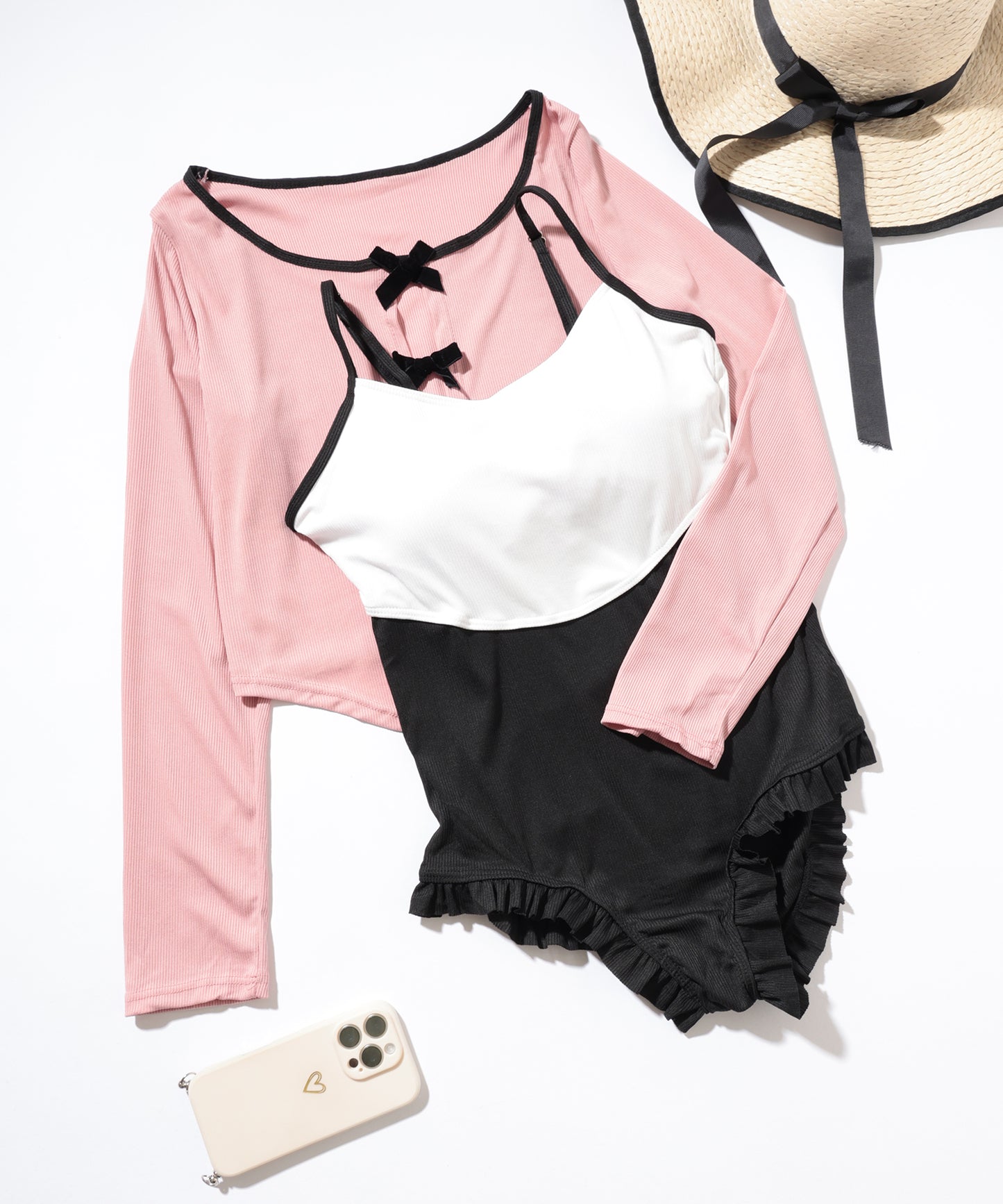 【2点セット】配色 リボン カバーアップ付き ワンピース 水着