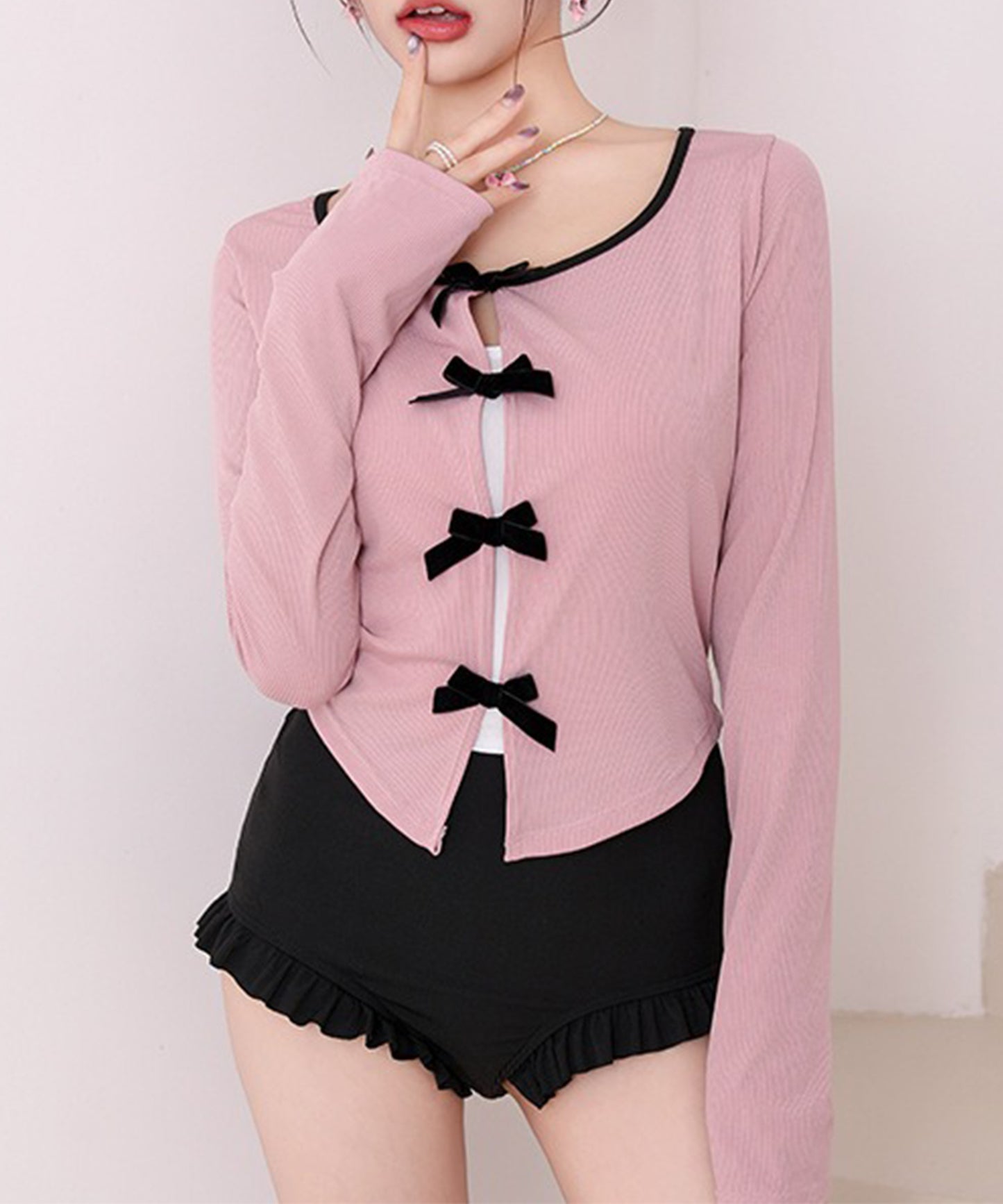 【2点セット】配色 リボン カバーアップ付き ワンピース 水着