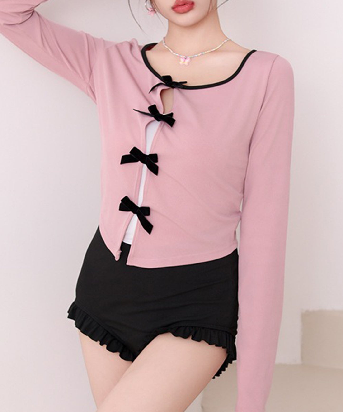 【2点セット】配色 リボン カバーアップ付き ワンピース 水着