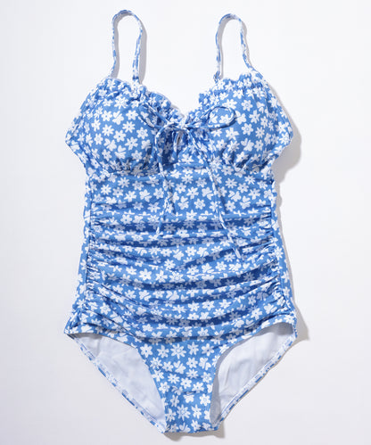 花柄 フロントリボン シャーリング ワンピース 水着