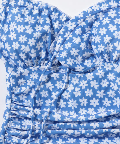 花柄 フロントリボン シャーリング ワンピース 水着