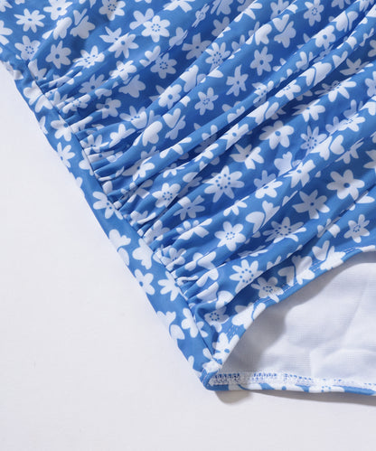 花柄 フロントリボン シャーリング ワンピース 水着