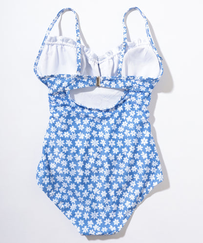 花柄 フロントリボン シャーリング ワンピース 水着