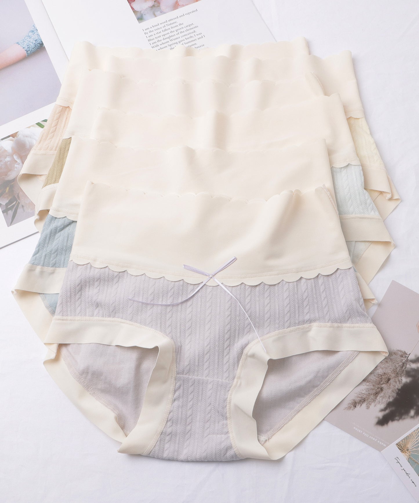 【6枚セット】リボン付きハイウエストスカラップケーブルラインショーツ