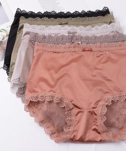【5枚セット】バックレース リボン付き サテン ミドル ショーツ