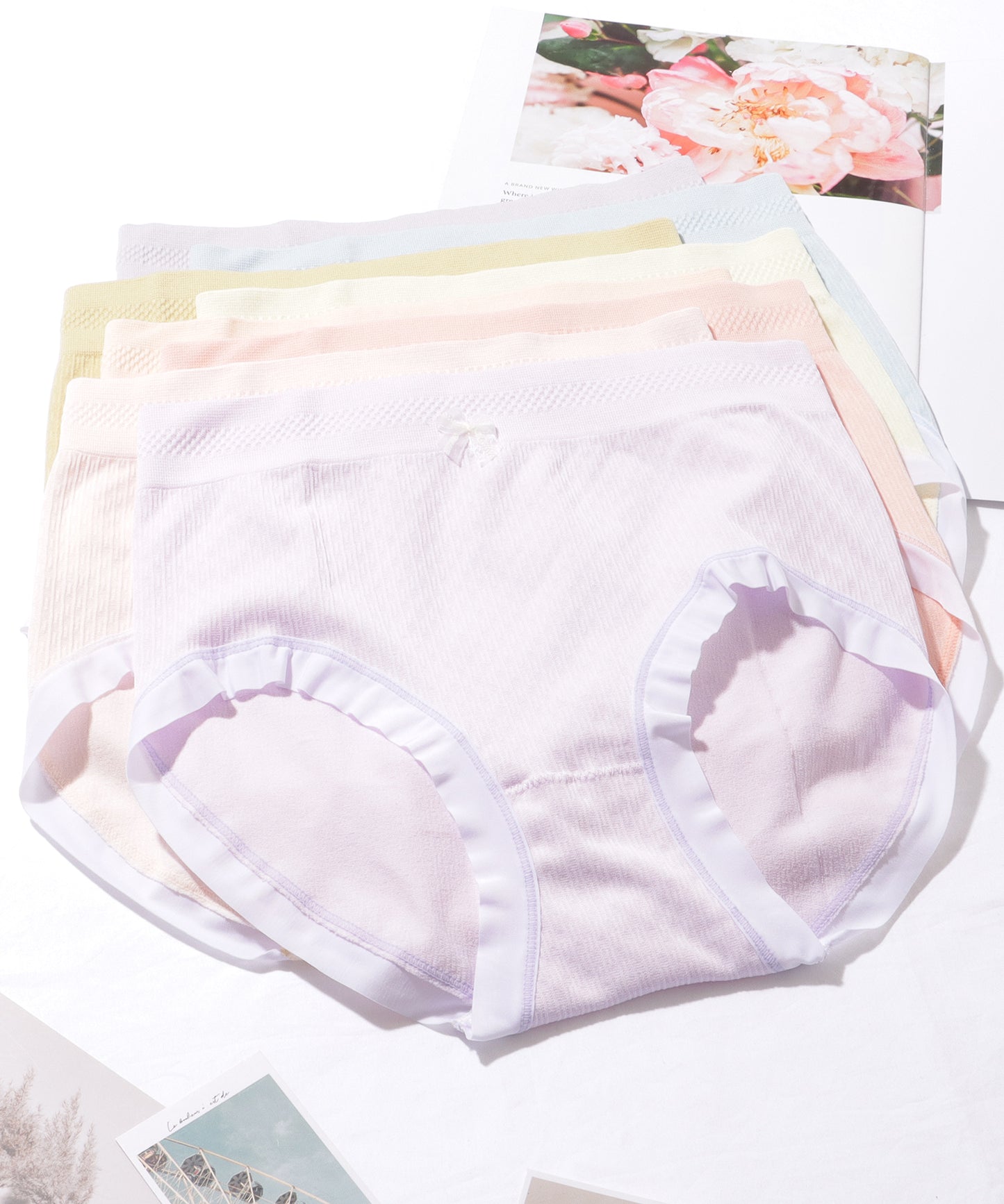 【8枚セット】 ソリッドカラー リボン付き フレンチ ストライプ ショーツ