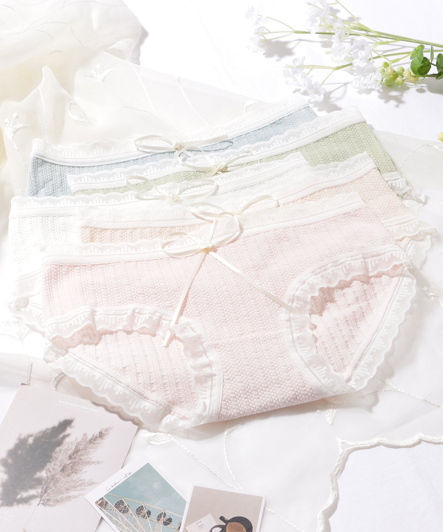 【5枚セット】 スカラップ レース フレンチ ストライプ リボン ショーツ