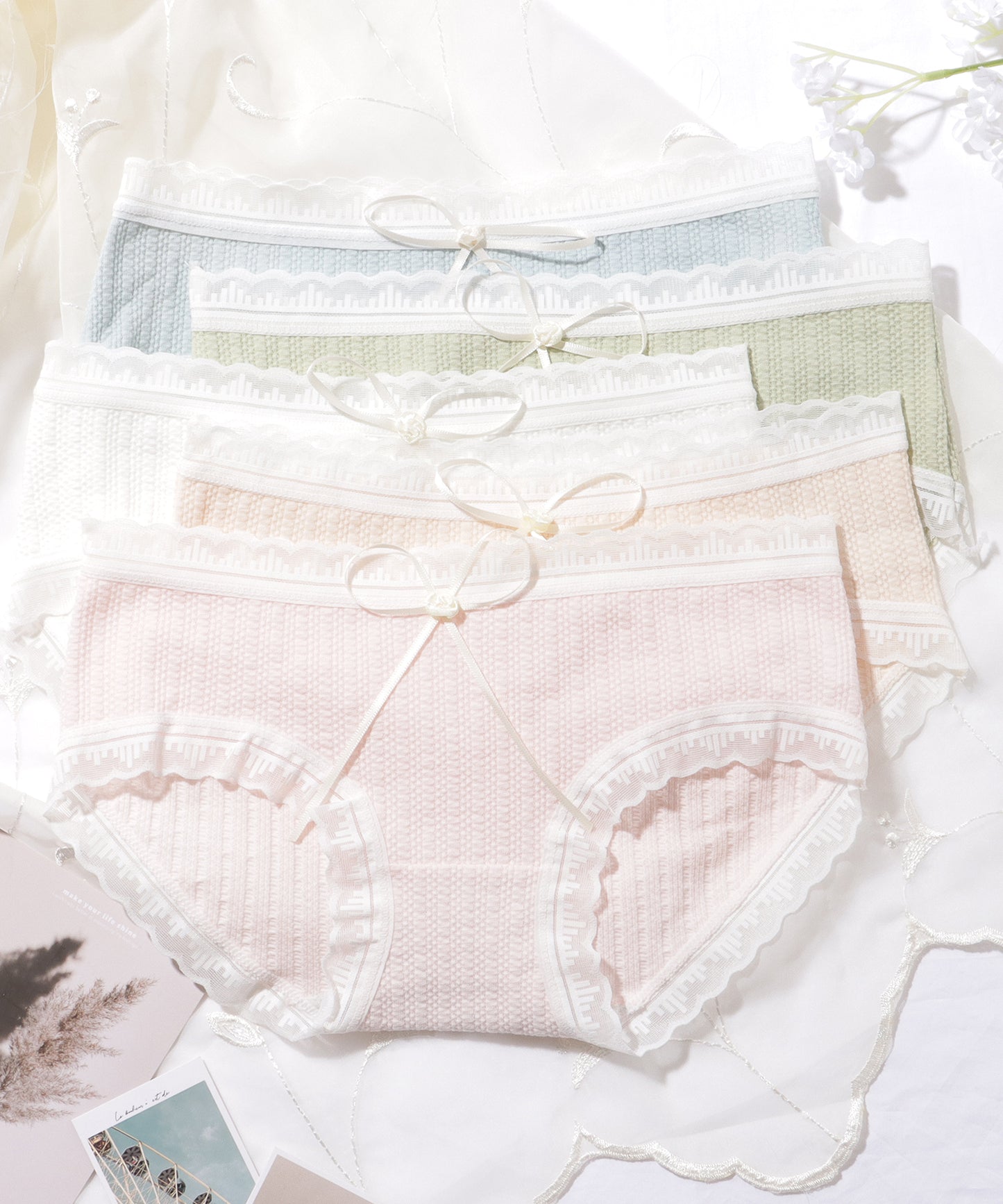 【5枚セット】 スカラップ レース フレンチ ストライプ リボン ショーツ