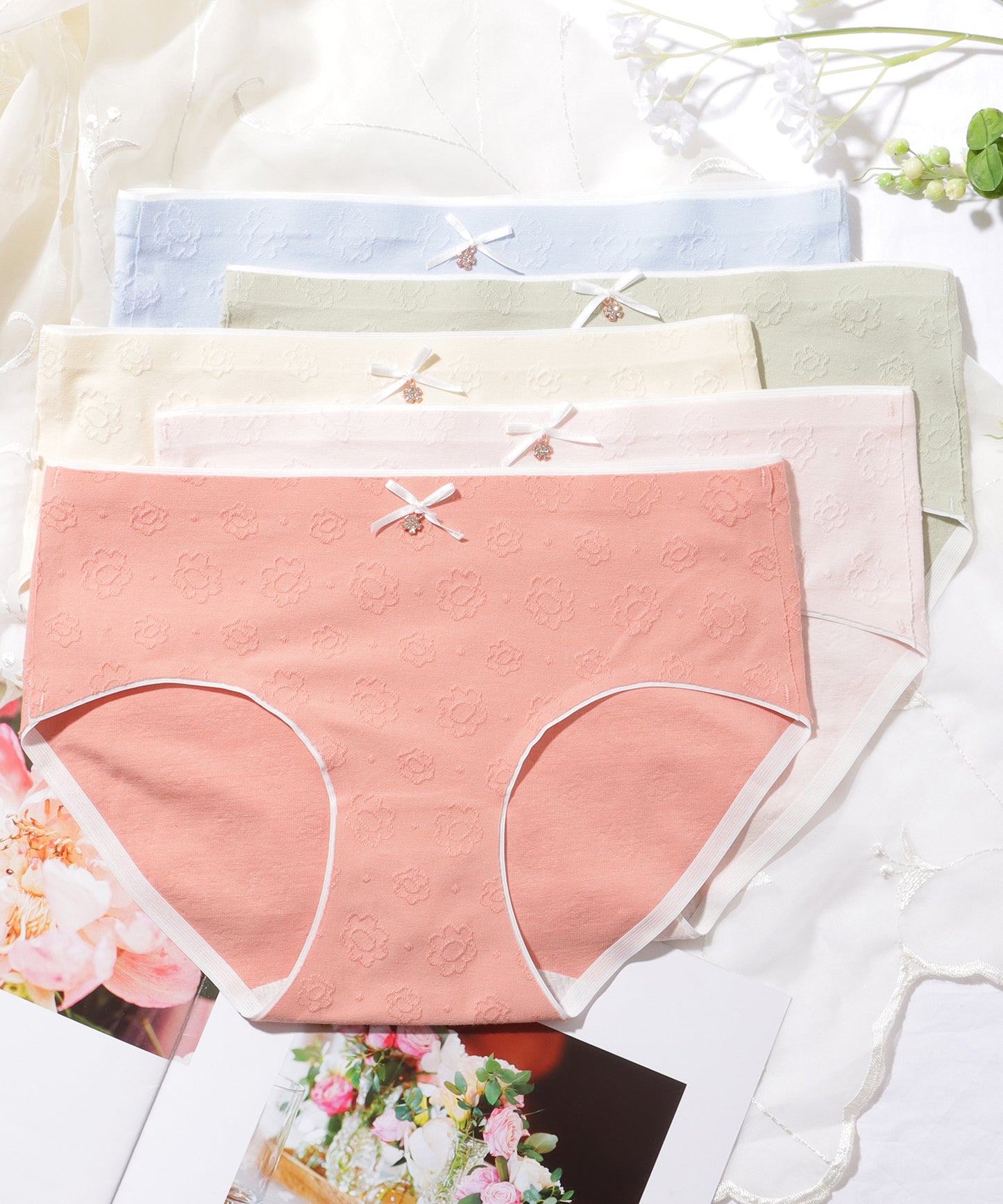【5枚セット】フラワー ビジュー チャーム付き 花柄 ショーツ
