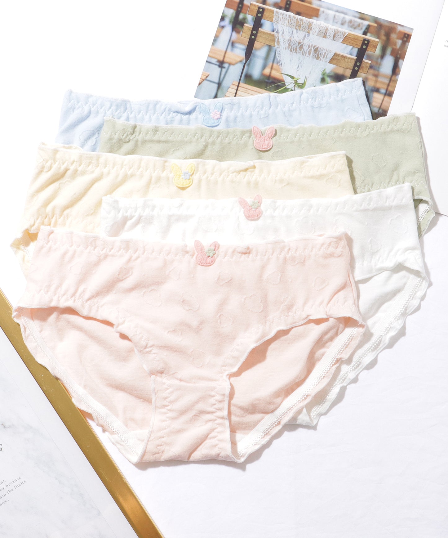 【5枚セット】ソリッドカラー フラワー ジャカード ワッペン付き ショーツ