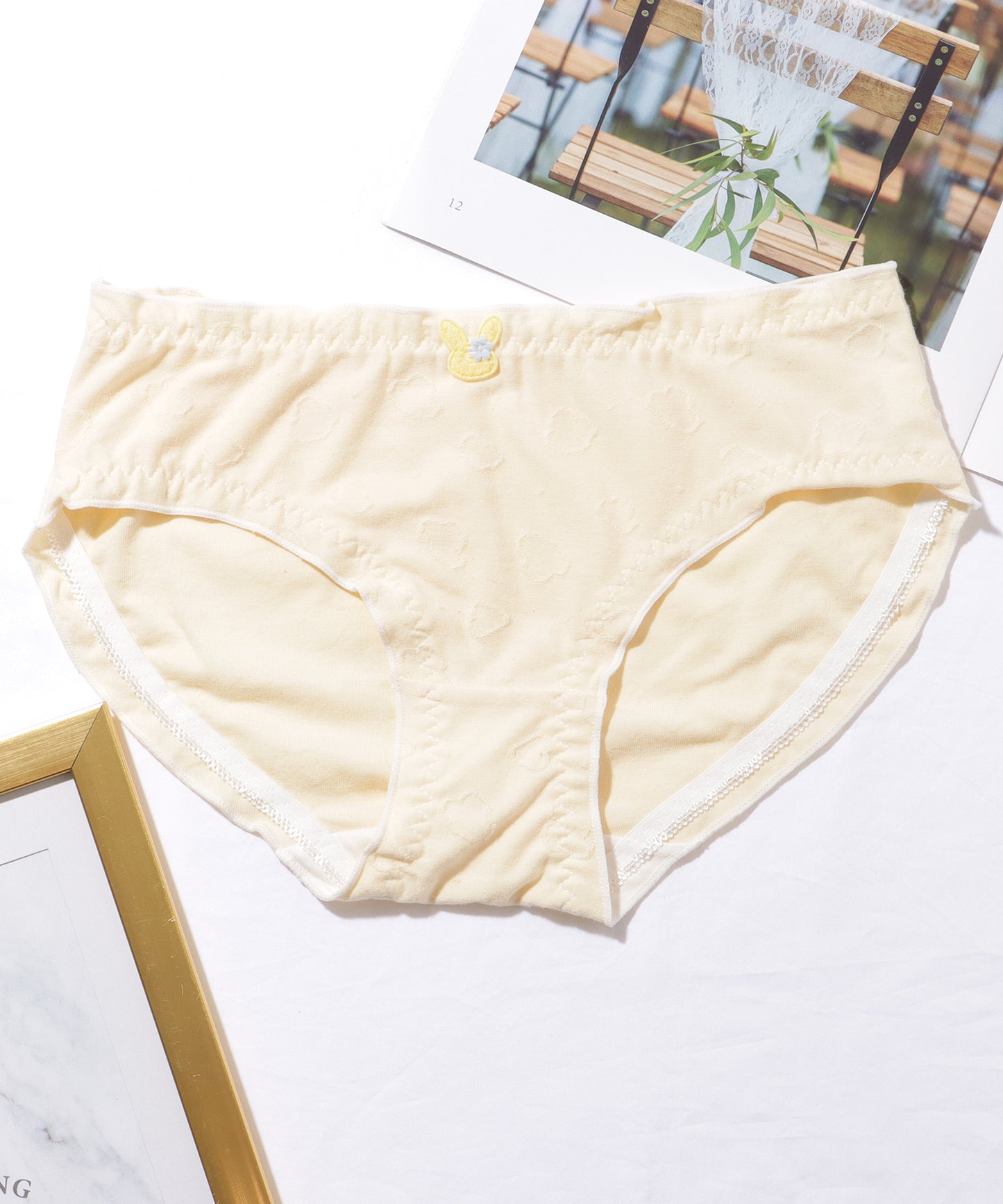 【5枚セット】ソリッドカラー フラワー ジャカード ワッペン付き ショーツ