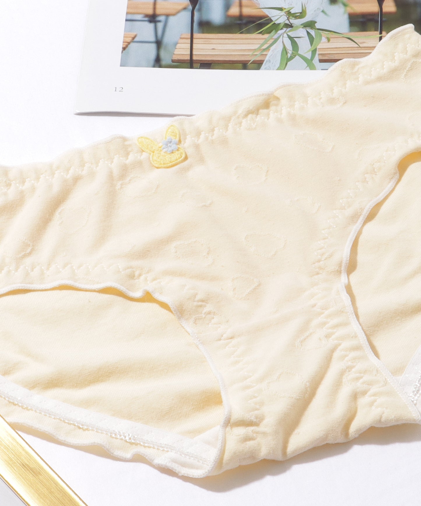 【5枚セット】ソリッドカラー フラワー ジャカード ワッペン付き ショーツ