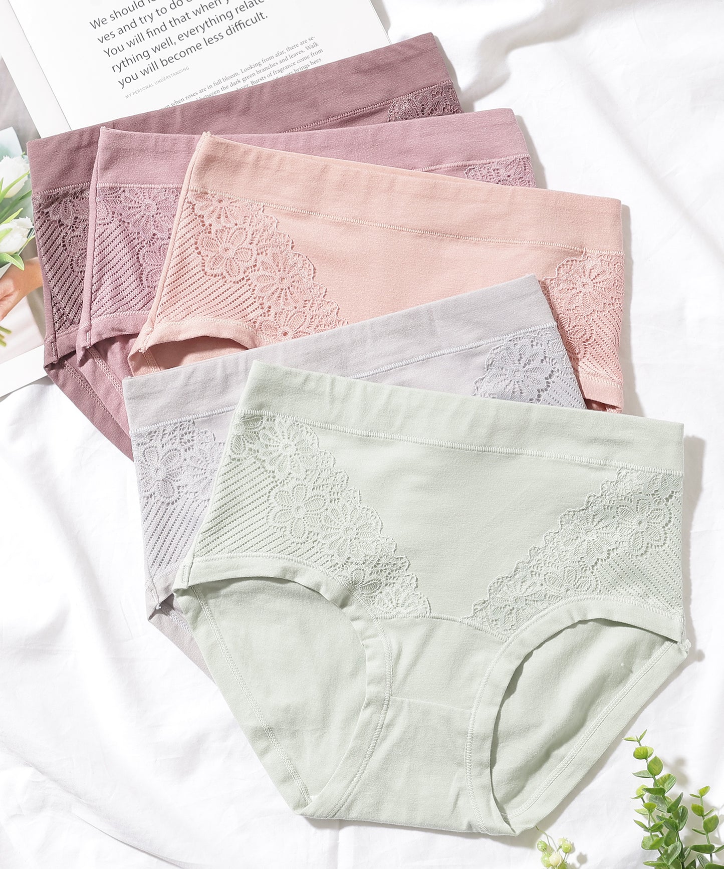 【5枚セット】ソリッドカラー 花柄 ハイウエスト ショーツ