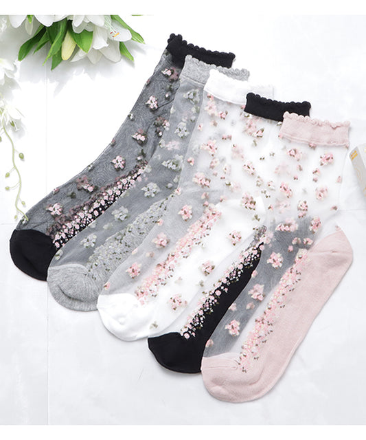 【5色組】 花柄シースルーソックスセット
