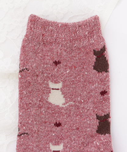 【5足セット】猫柄レトロデザインレギュラー丈ミックスソックス
