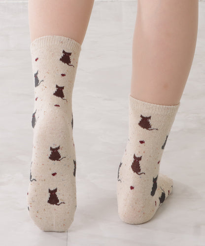 【5足セット】猫柄レトロデザインレギュラー丈ミックスソックス