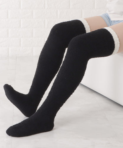 【3足セット】シンプルラインふわもちニーハイ丈ルームソックス