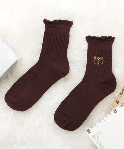 【6色組】 ワンポイント花柄刺繍ショートソックスセット