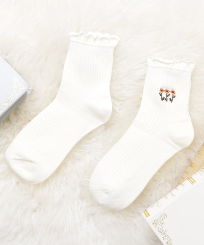 【6色組】 ワンポイント花柄刺繍ショートソックスセット
