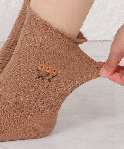 【6色組】 ワンポイント花柄刺繍ショートソックスセット
