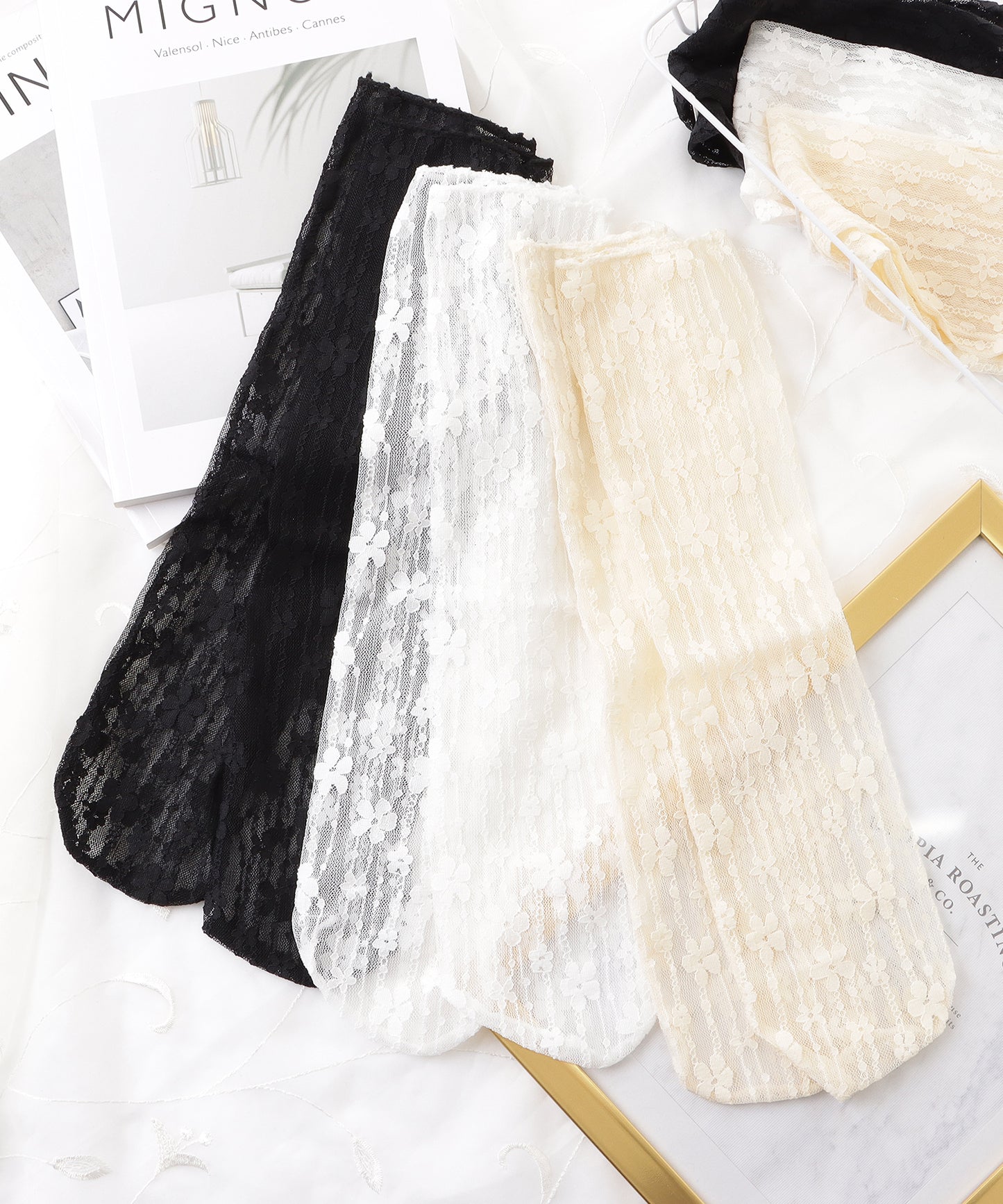 【6足セット】フラワーラインシースルークルーソックス