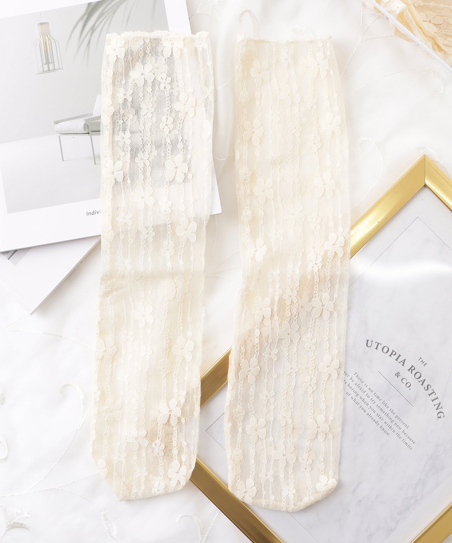 【6足セット】フラワーラインシースルークルーソックス