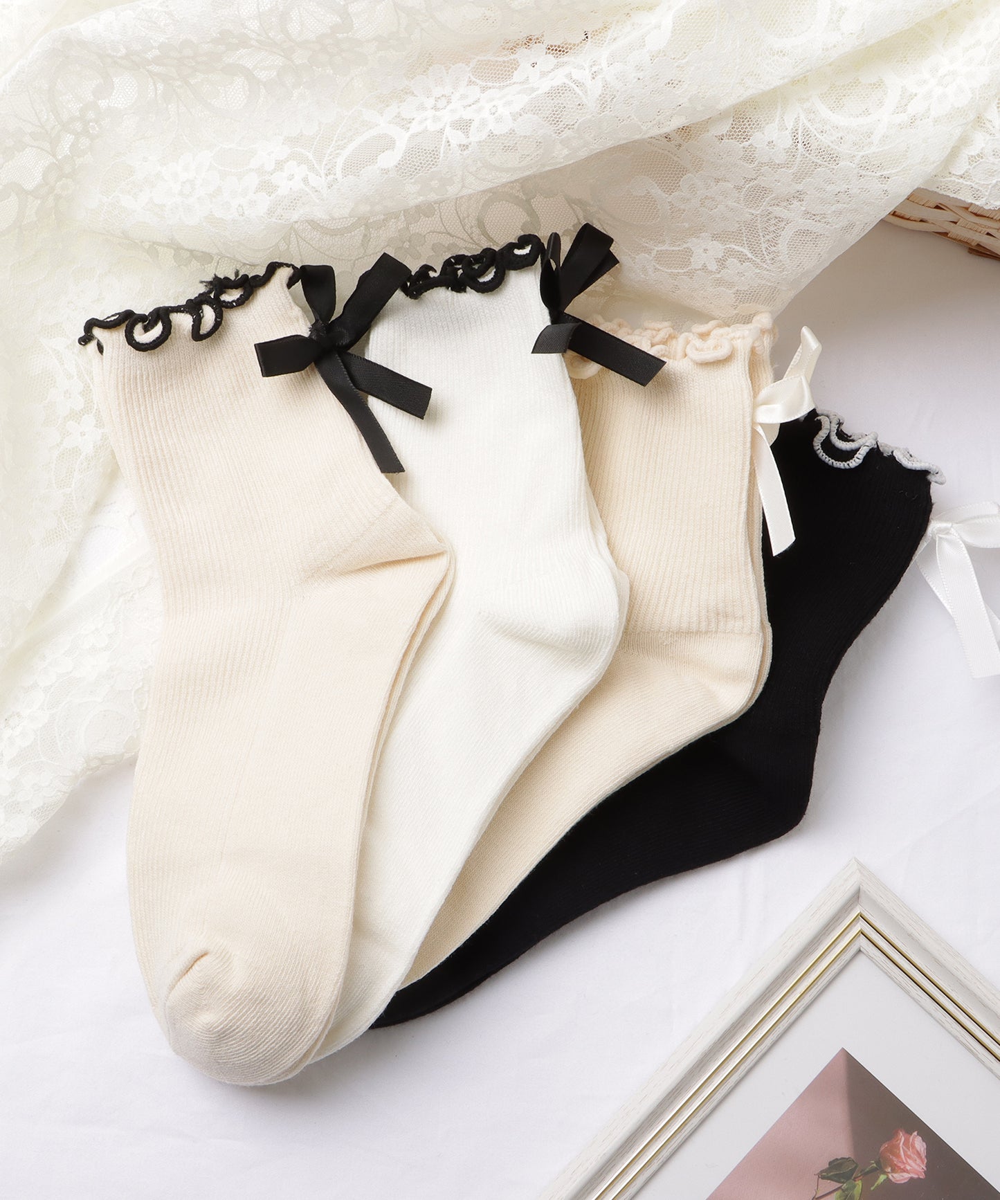 【4足セット】バックリボンメロウフリルクルーソックス