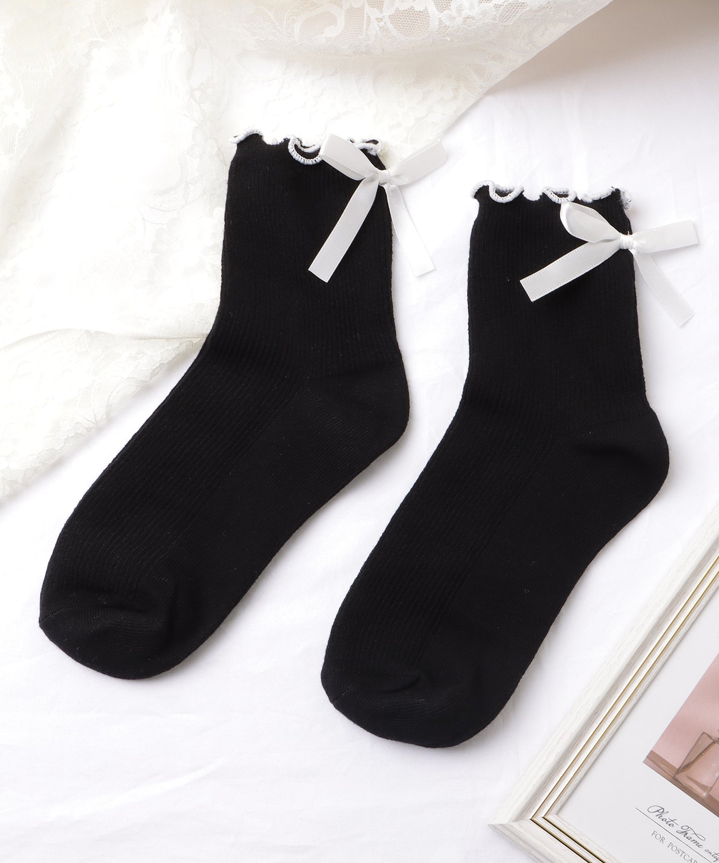 【4足セット】バックリボンメロウフリルクルーソックス