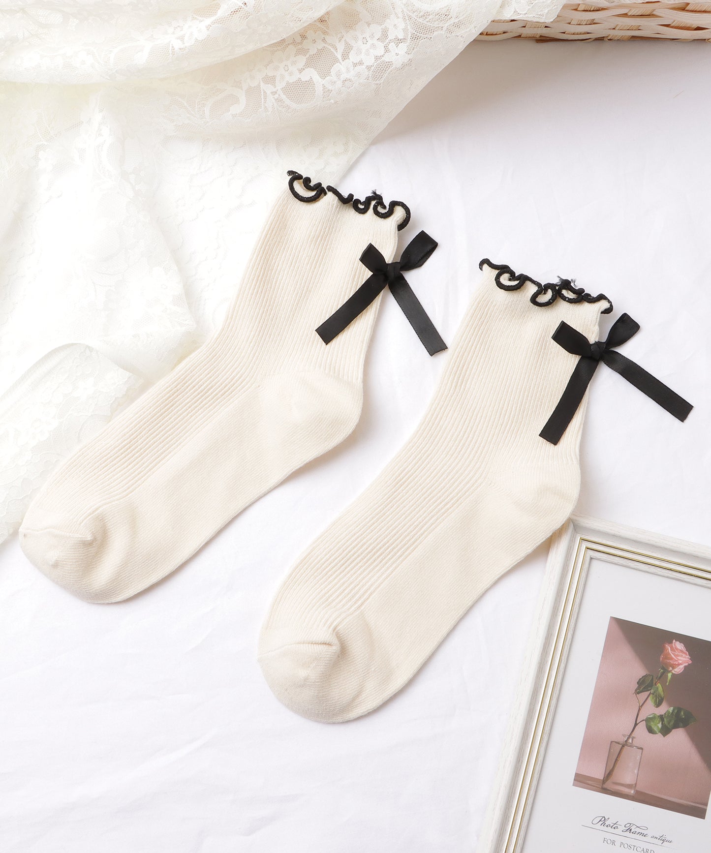 【4足セット】バックリボンメロウフリルクルーソックス