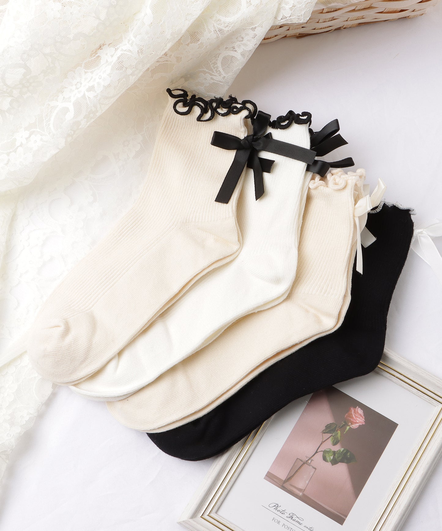 【4足セット】バックリボンメロウフリルクルーソックス