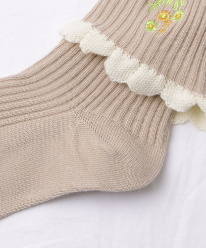 【5足セット】花柄刺繍配色フリルショートソックス