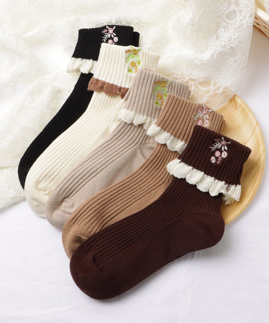 【5足セット】花柄刺繍配色フリルショートソックス