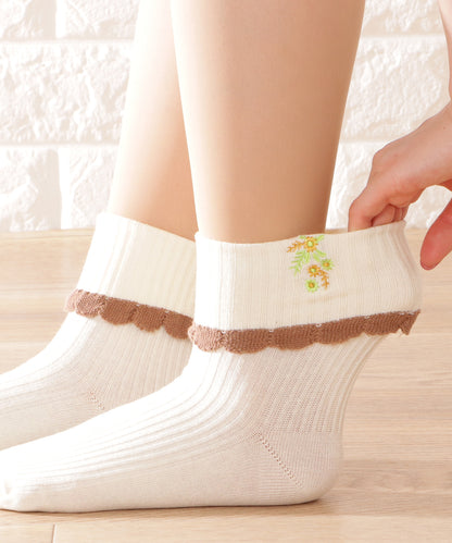 【5足セット】花柄刺繍配色フリルショートソックス