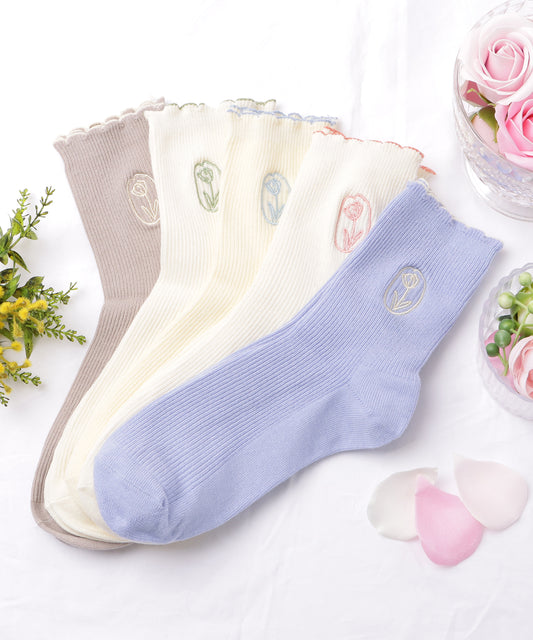 【5足セット】配色スカラップ刺繍付きリブソックス