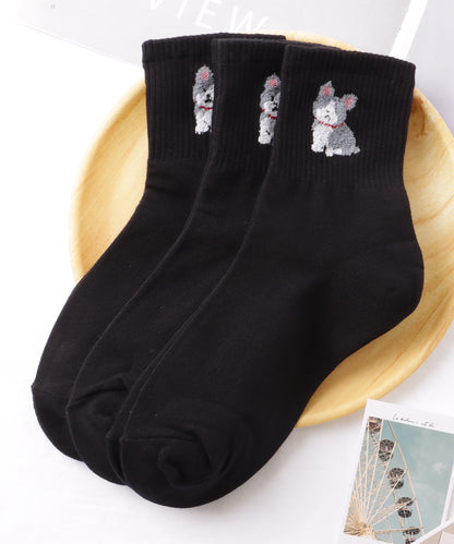 【3足セット】 ワンポイント ドッグ付き リブ クルー ソックス
