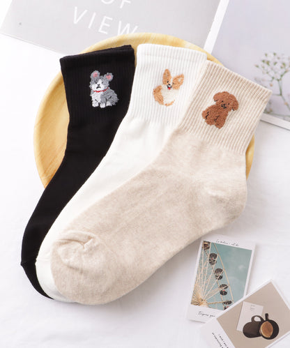 【3足セット】 ワンポイント ドッグ付き リブ クルー ソックス