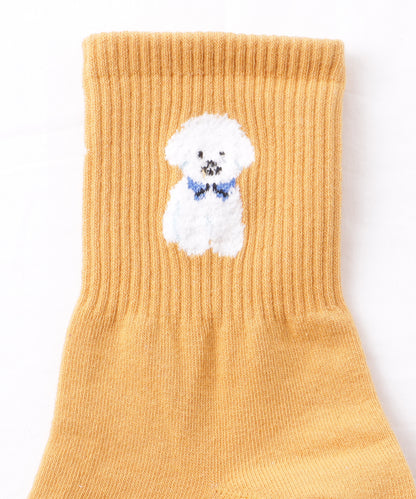 【3足セット】 ワンポイント ドッグ付き リブ クルー ソックス