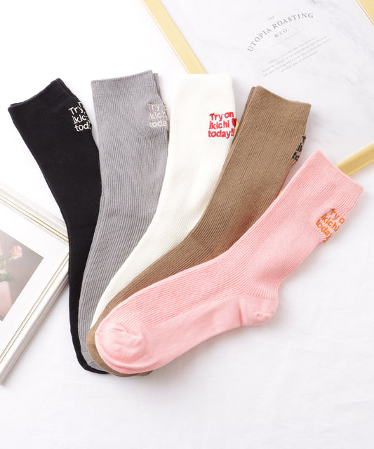 【5足セット】 バック 刺繍 ロゴ リブ クルー ソックス