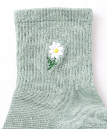 【10足セット】 ワンポイント フラワー 刺繍 リブ クルー ソックス