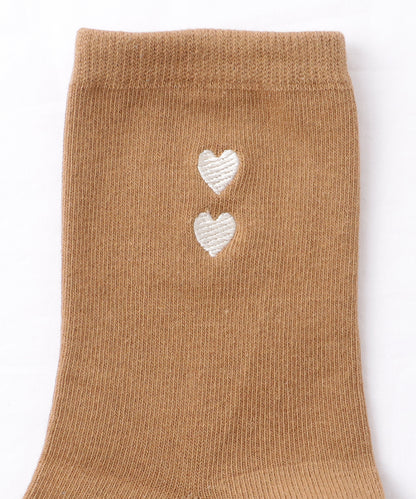 【6足セット】 ソリッドカラー ハート 刺繍付 クルー丈 ソックス
