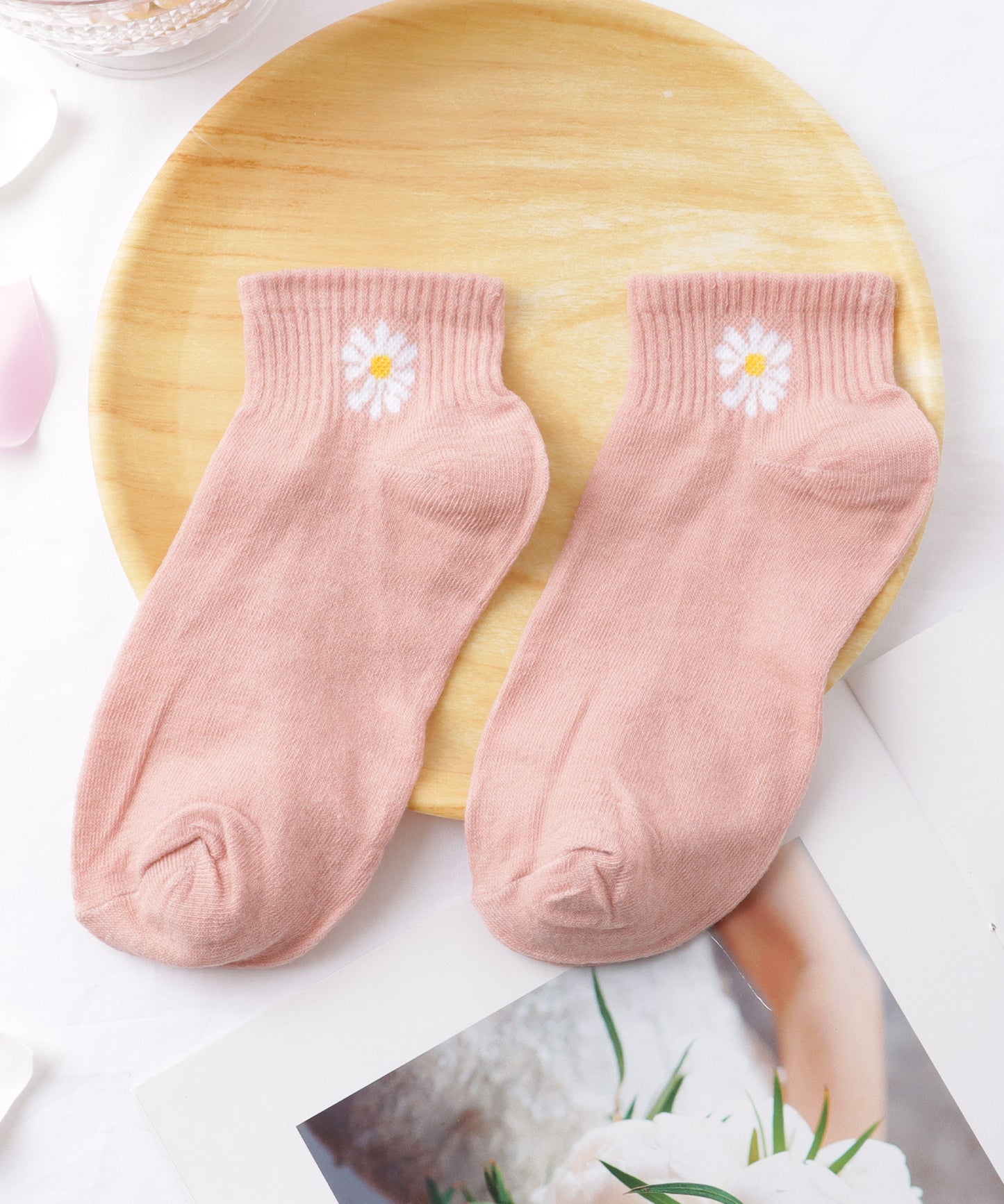 【10足セット】 ソリッドカラー 花柄 ショート リブ ソックス