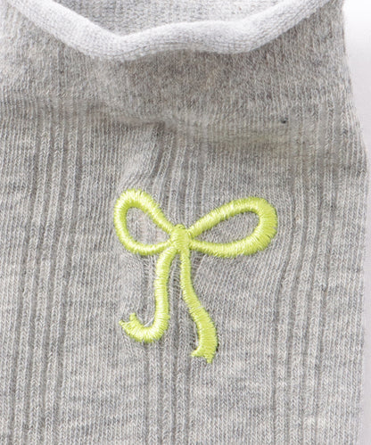 【4足組】 ソリッドカラー リボン刺繍 リブ クルー ソックス