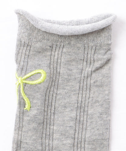 【4足組】 ソリッドカラー リボン刺繍 リブ クルー ソックス