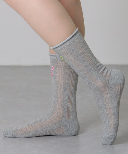 【4足組】 ソリッドカラー リボン刺繍 リブ クルー ソックス