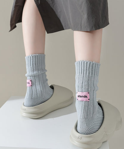 【6足セット】バック タグ付き ソリッドカラー リブ クルー ソックス