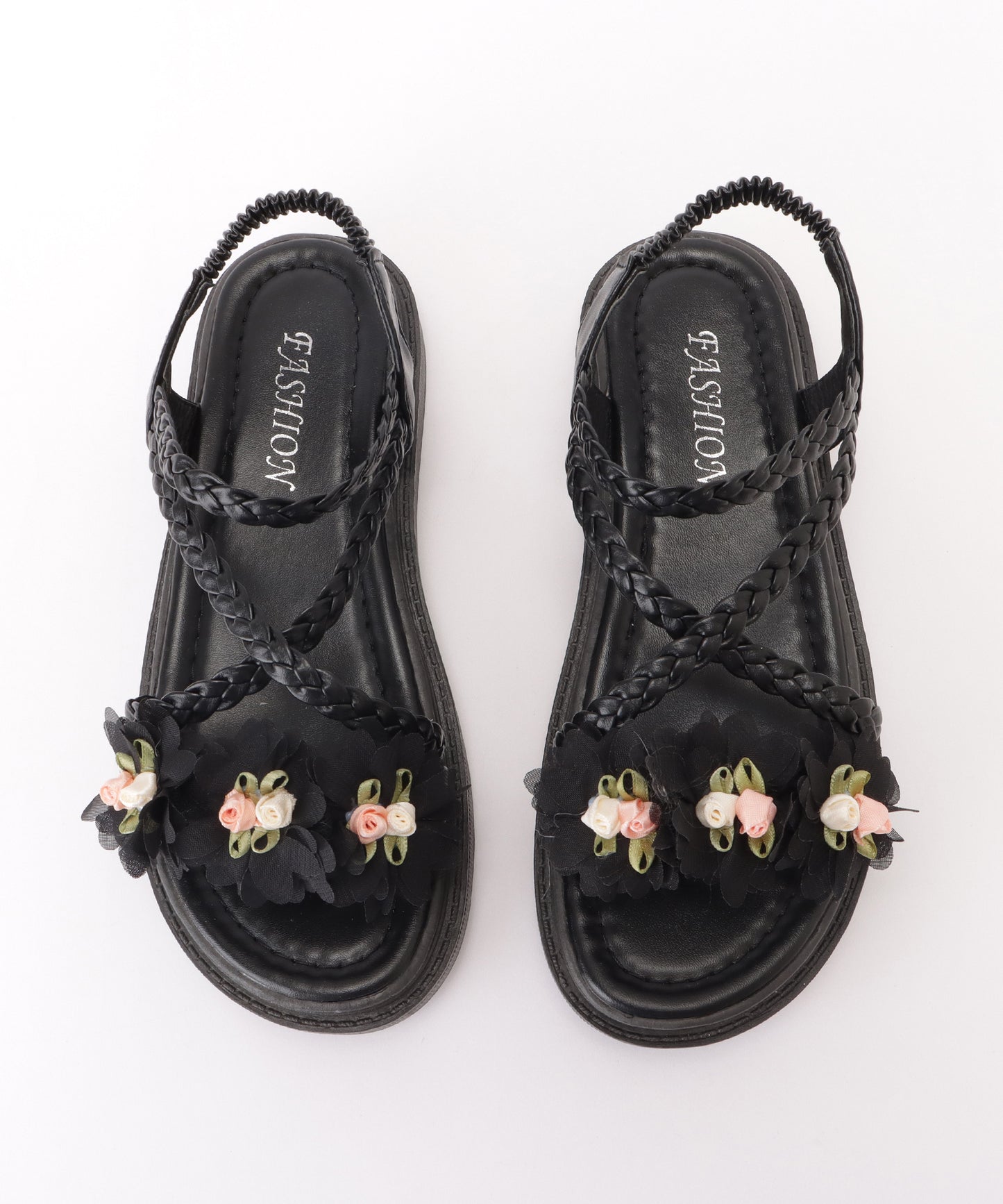 花モチーフ付き編みストラップサンダル