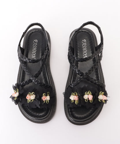 花モチーフ付き編みストラップサンダル