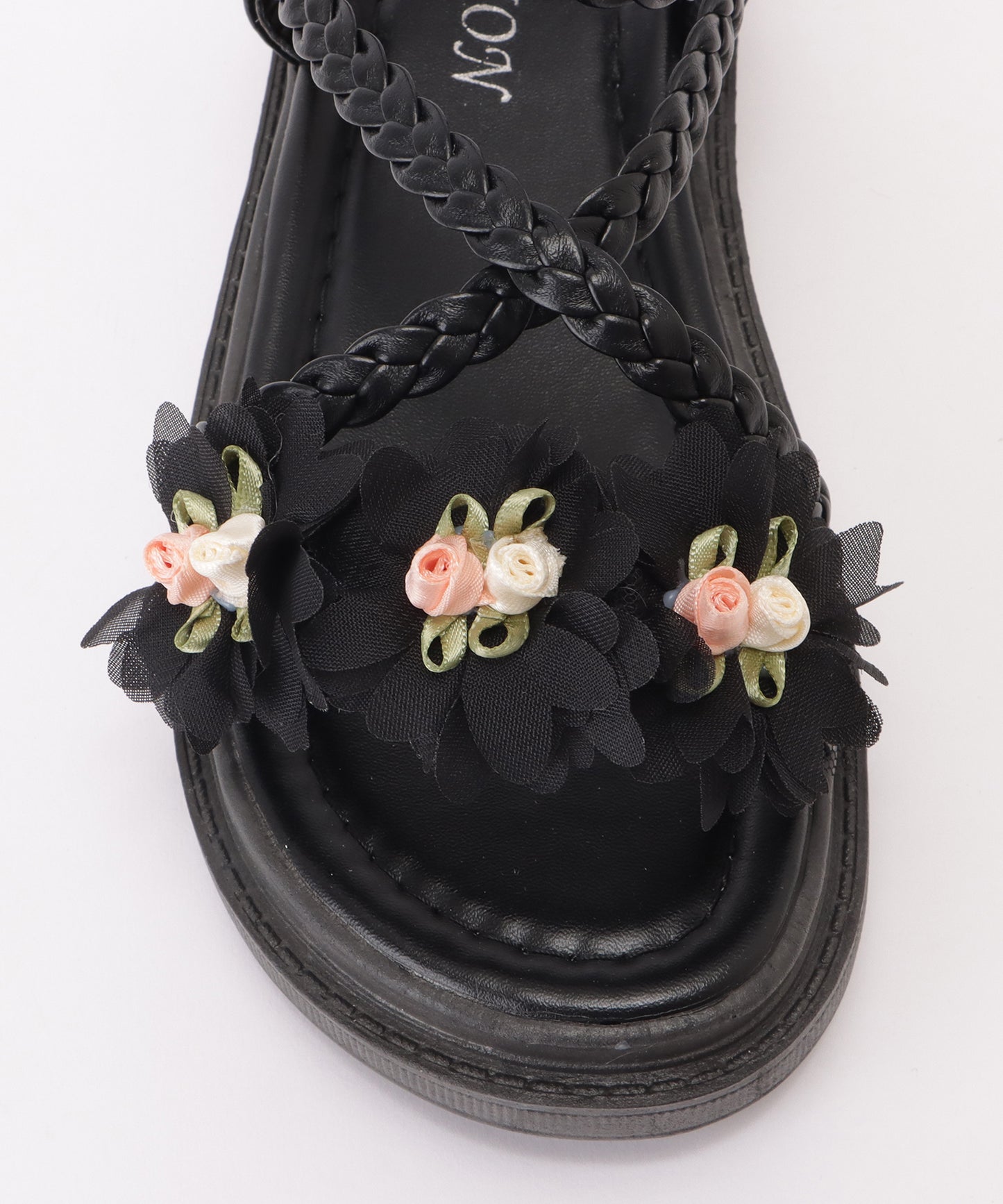 花モチーフ付き編みストラップサンダル