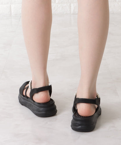 レザー調パール付きリボンストラップサンダル